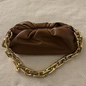 Elegant Brown Leather Clutch with Gold Chain